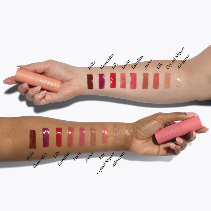 RMS Beauty Legendary Lip Oil swatches on light and dark skin tone arms with names.