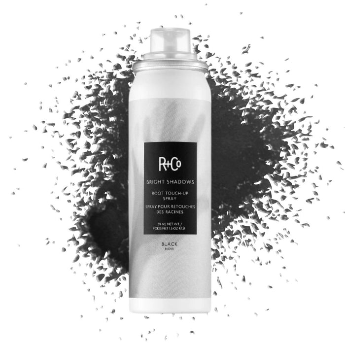 R+Co Bright Shadows Root Touch-Up Spray 5oz – Black with swatch