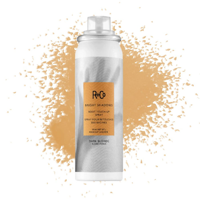 R+Co Bright Shadows Root Touch-Up Spray 5oz – Dark Blonde with swatch
