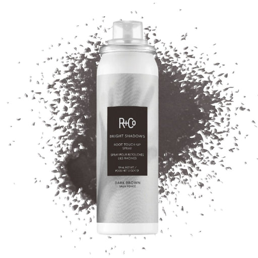 R+Co Bright Shadows Root Touch-Up Spray 5oz – Dark Brown with swatch