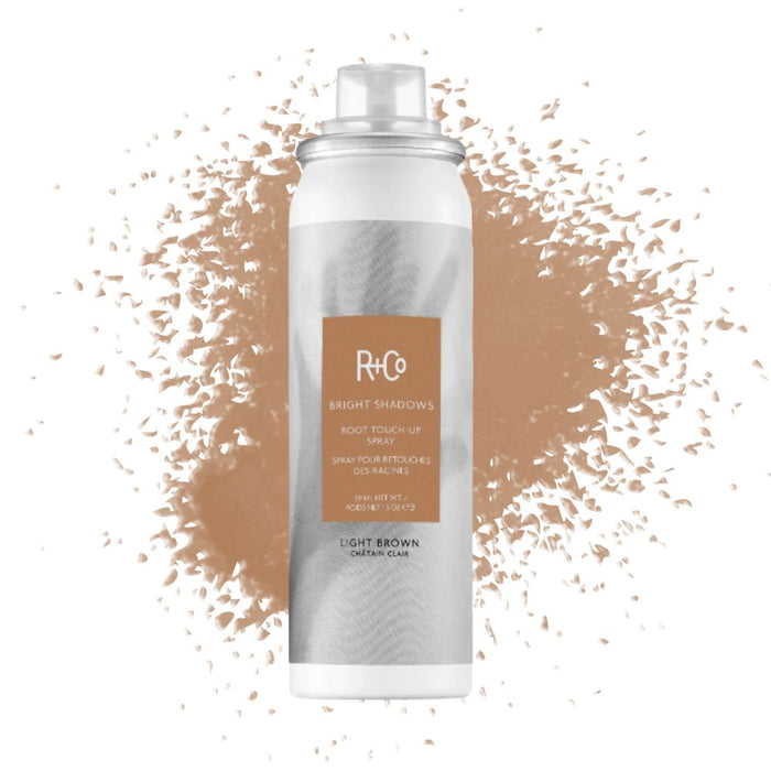 R+Co Bright Shadows Root Touch-Up Spray 5oz – Light Brown with swatch