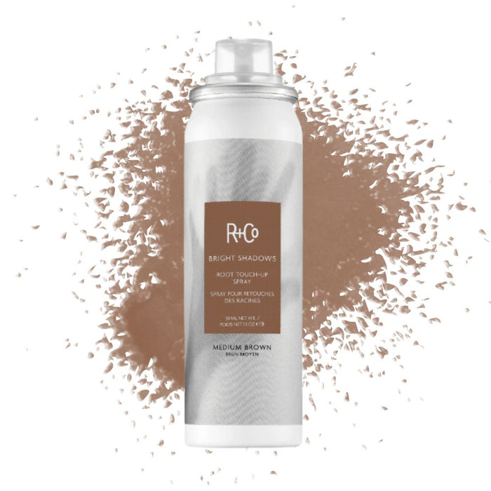 R+Co Bright Shadows Root Touch-Up Spray 5oz – Medium Brown with swatch