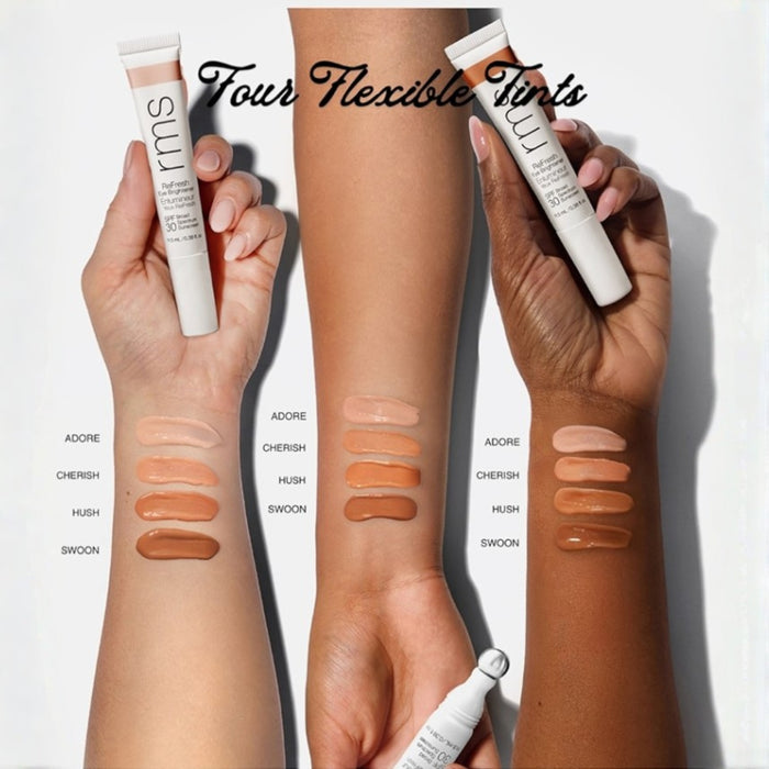 rms ReFresh Eye Brightener SPF 30 swatches in four shades on three different skin tones, demonstrating flexible coverage