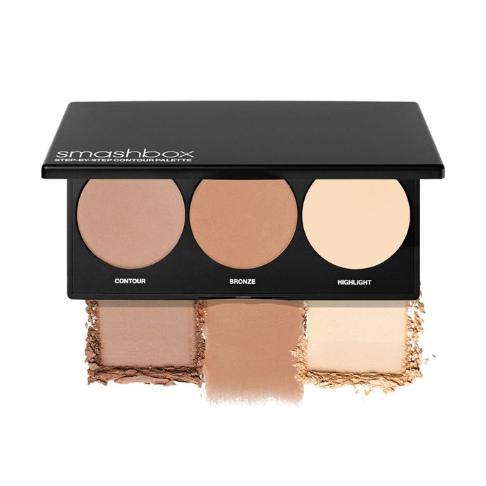 Smashbox Step-By-Step Contour Palette Light/Medium open palette with swatches beneath 