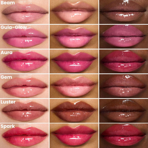 Smashbox Halo Plump + Glow Lip Gloss Lip Swatch chart. Swatches on light, medium and dark skin lips.