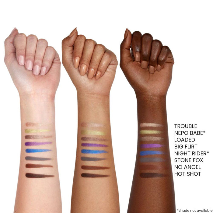 Smashbox Always On Eye Shadow Stick swatches on 3 different skin tones with shade names on the right of screen