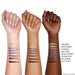 Smashbox Always On Eye Shadow Stick swatches on 3 different skin tones with shade names on the right of screen