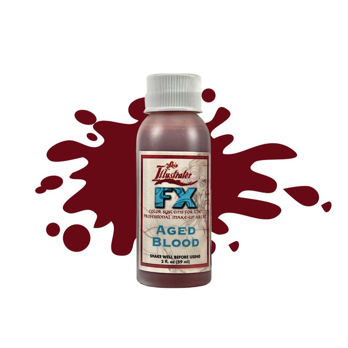 Skin Illustrator FX Liquid Aged Blood 2oz bottle with blood swatch behind bottle