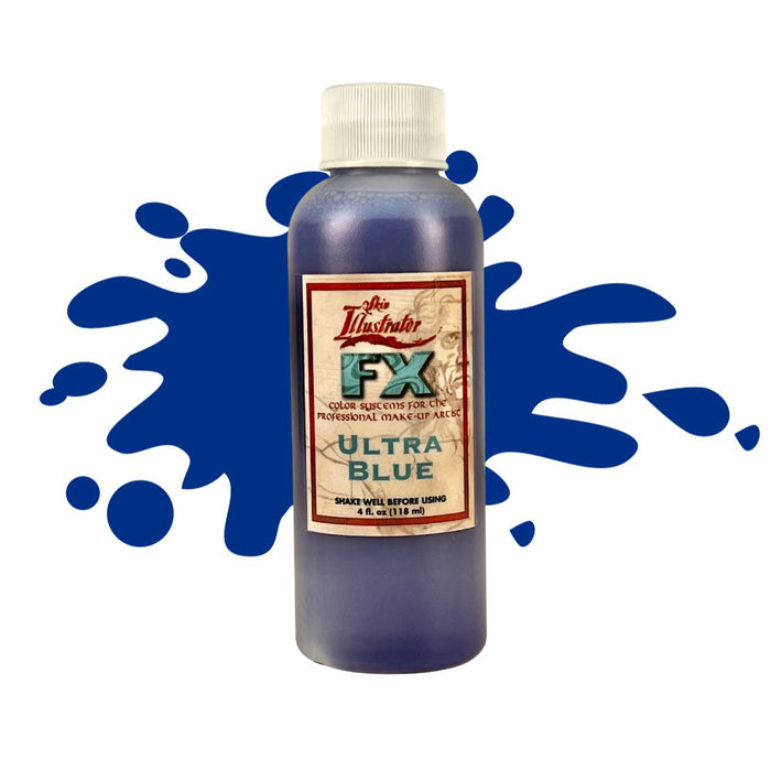 Skin Illustrator FX Liquid Ultra Blue 4oz bottle with swatch behind