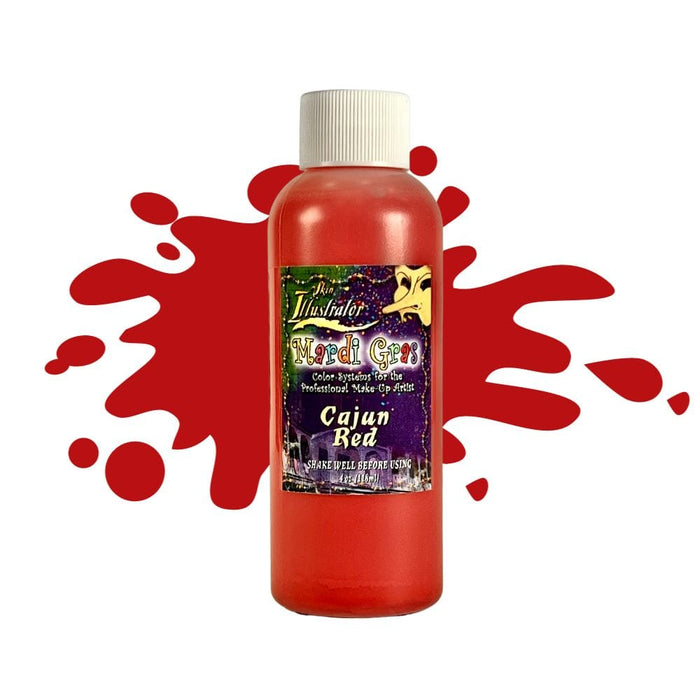 Skin Illustrator Mardi Gras Liquid Cajun Red 4oz bottle with swatch behind.