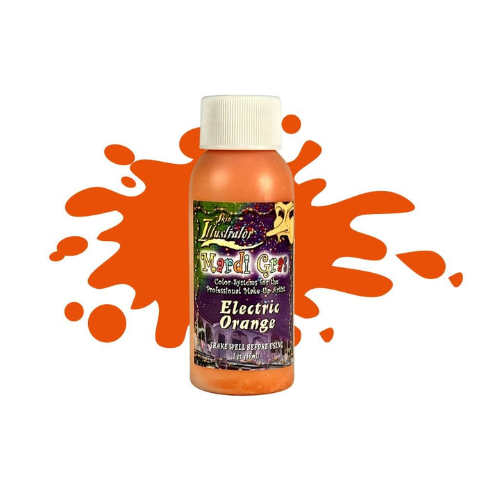Skin Illustrator Mardi Gras Liquid Electric Orange 2oz bottle with swatch behind.