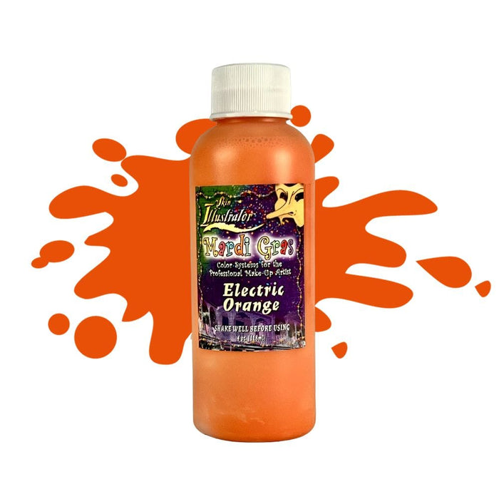 Skin Illustrator Mardi Gras Liquid Electric Orange 4oz bottle with swatch behind.