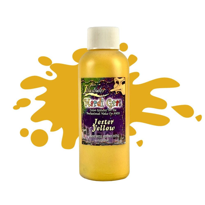 Skin Illustrator Mardi Gras Liquid Jester Yellow 4oz bottle with swatch behind.