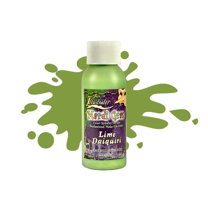 Skin Illustrator Mardi Gras Liquid Lime Daiquiri 2oz bottle with swatch behind.