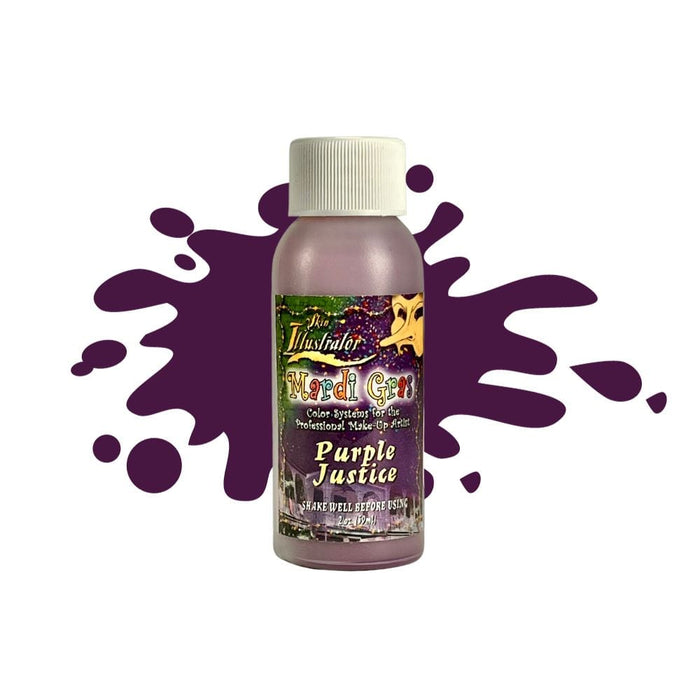 Skin Illustrator Mardi Gras Liquid Purple Justice 2oz bottle with swatch behind.
