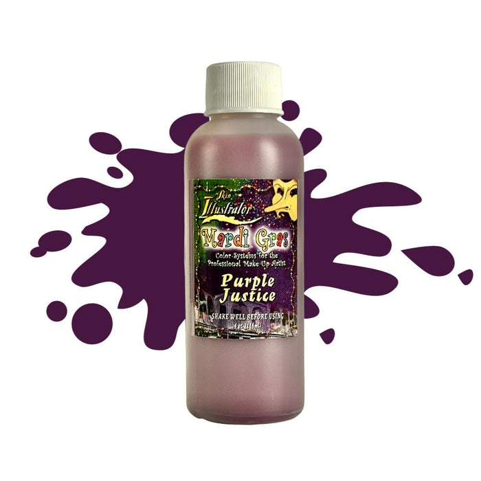 Skin Illustrator Mardi Gras Liquid Purple Justice 4oz bottle with swatch behind.