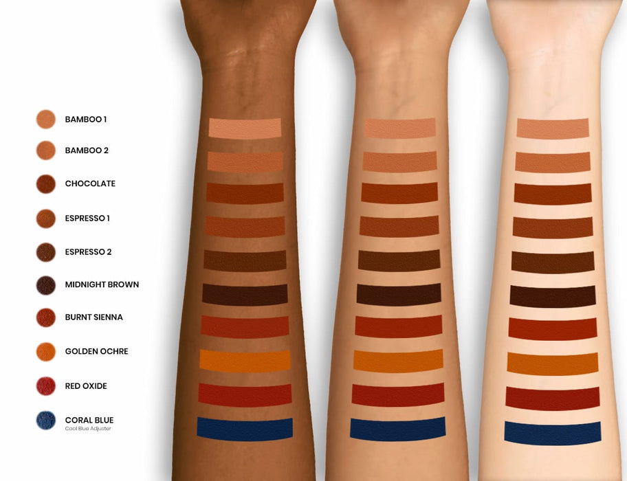 Skin Illustrator Shade arm swatches on 3 different skin tones with names