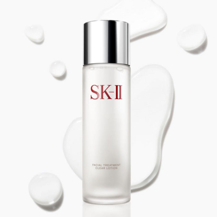 SK-II Facial Treatment Clear Lotion 5.4oz Glass bottle of lotion with lotion swatch behind