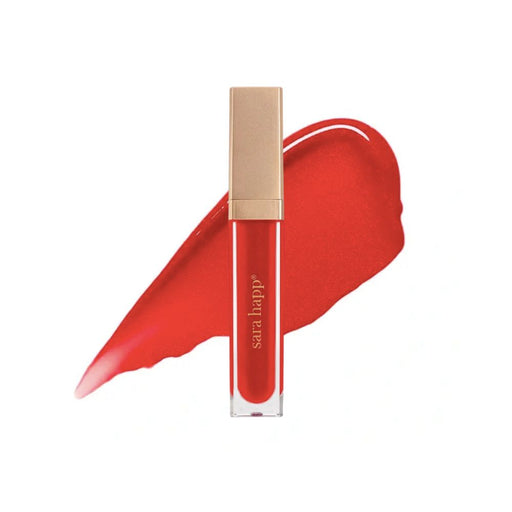 Sara Happ One Luxe Gloss Lip Gloss Cherry Slip with swatch red swatch behind