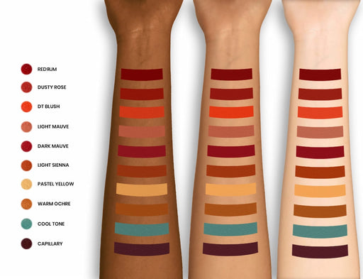 Skin Illustrator Complexion shades swatched on different skin tones with names