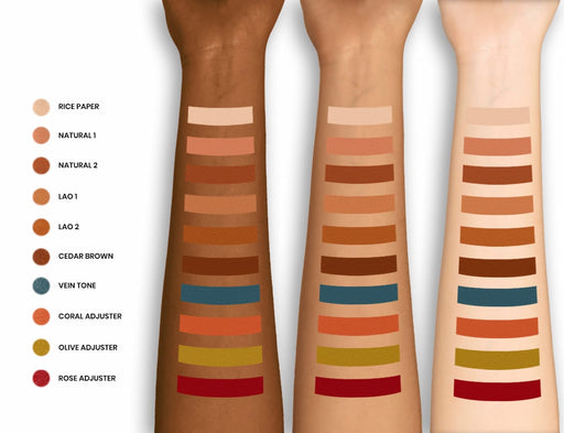 Skin Illustrator Flesh tone color Arm Swatches on 3 different skin tones with names