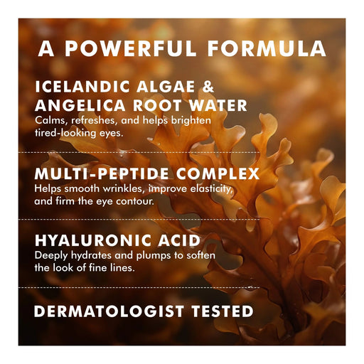 Skyn Iceland Brightening Eye Serum key ingredients and their benefits text over algae