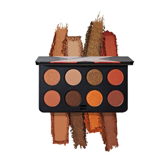 Smashbox Always On Mood Board Eye Shadow Palette Fiery Vibes open with swatches behind