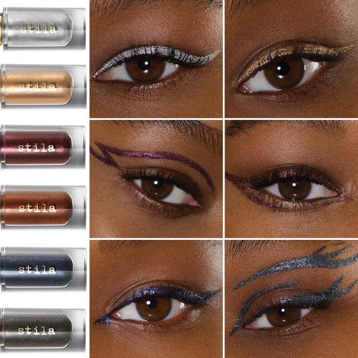 Stila Stay All Day Inkwear Liquid Eyeliner colors applied individually around dark skin tone eyes