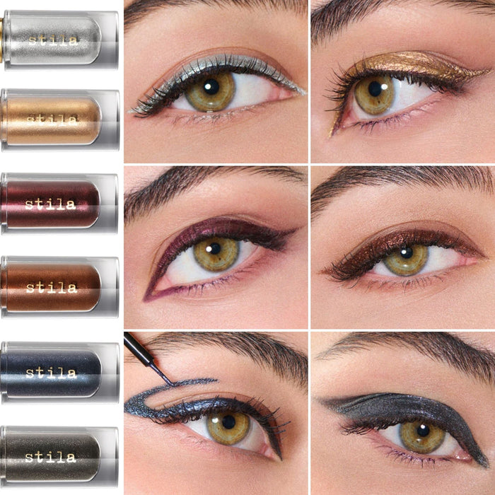 Stila Stay All Day Inkwear Liquid Eyeliner colors applied individually around light skin tone eyes