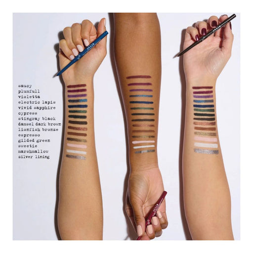 Stila Stay All Day Smudge & Set Waterproof Gel Eye Liner arm swatches on different skin tones light, medium and dark