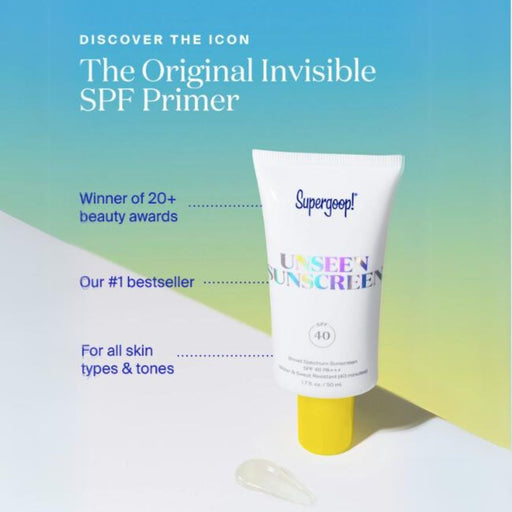 Supergoop! Unseen Sunscreen SPF 40 Info chart with stylized background