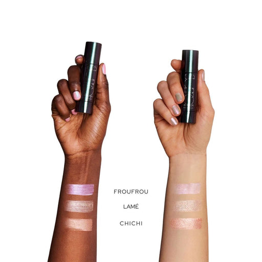 Surratt Artistique Liquid Highlighter arm swatches on dark and medium light skin tones