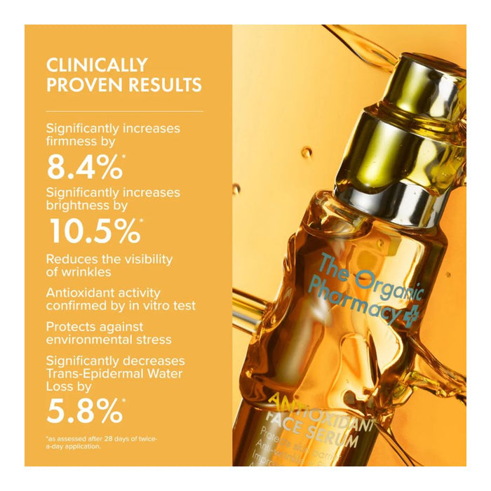 The Organic Pharmacy Antioxidant Face Firming Serum clinical results infographic