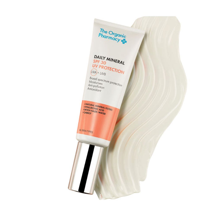 The Organic Pharmacy Daily Mineral SPF30 UV Protection with stylized swatch