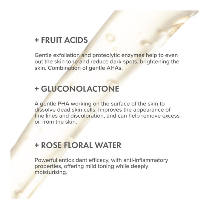 The Organic Pharmacy Rose Exfoliating Night Essence key ingredients text over stream of product being poured