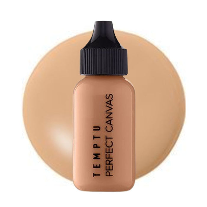 Temptu Perfect Canvas Hydra Lock Airbrush Foundation 1oz bottle 6.5N Olive Nude with swatch behind
