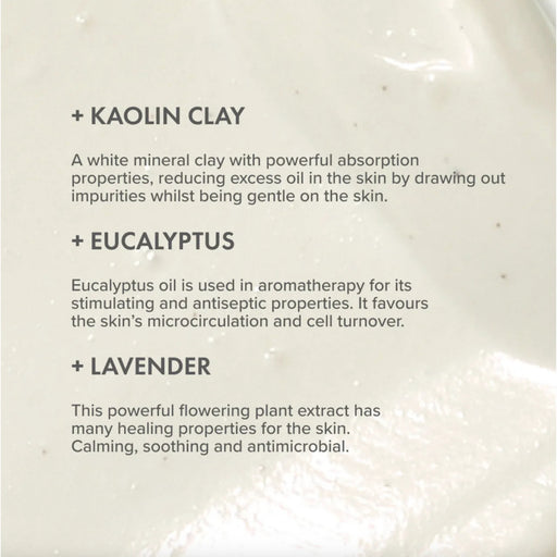 The Organic Pharmacy Purifying Seaweed Clay Mask key ingredients and benefits against a light formula texture
