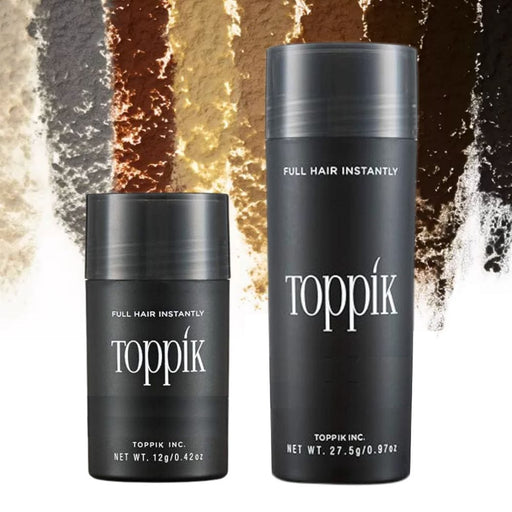 Toppik Hair Fiber small and large size with color swatches behind product