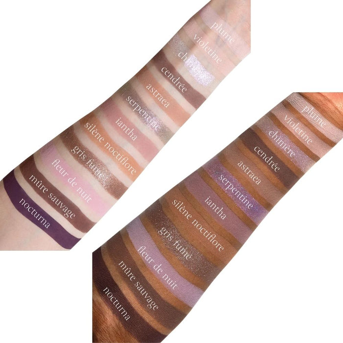 Viseart Violette Nocturne Etendu swatches on two different skin tones –light and dark