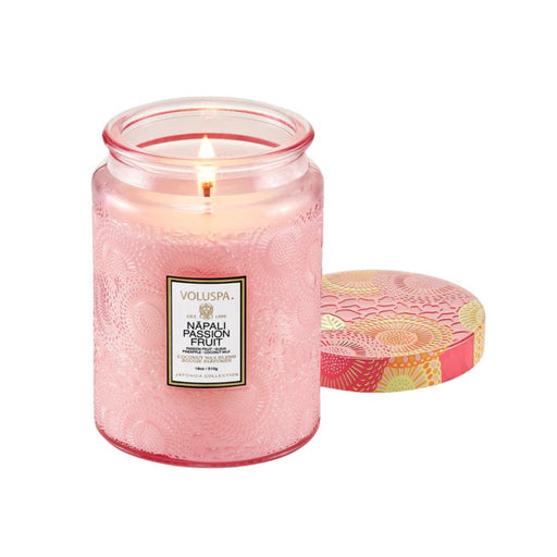 Voluspa Candle Napali Passion Fruit with lit wick