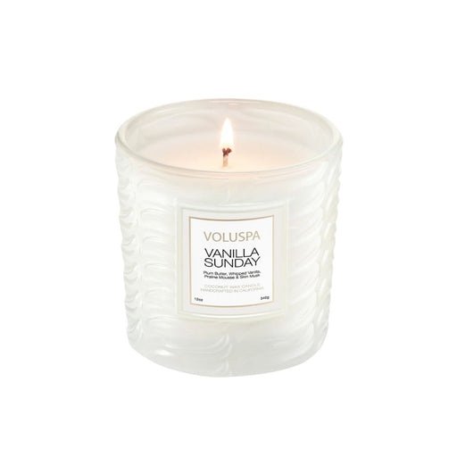 Voluspa Candle Vanilla Sunday lit wick