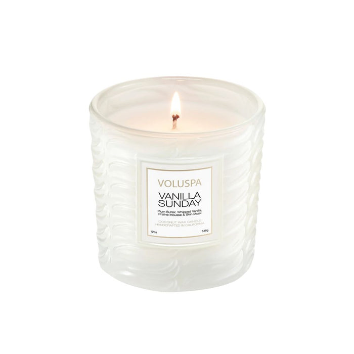 Voluspa Candle Vanilla Sunday lit wick