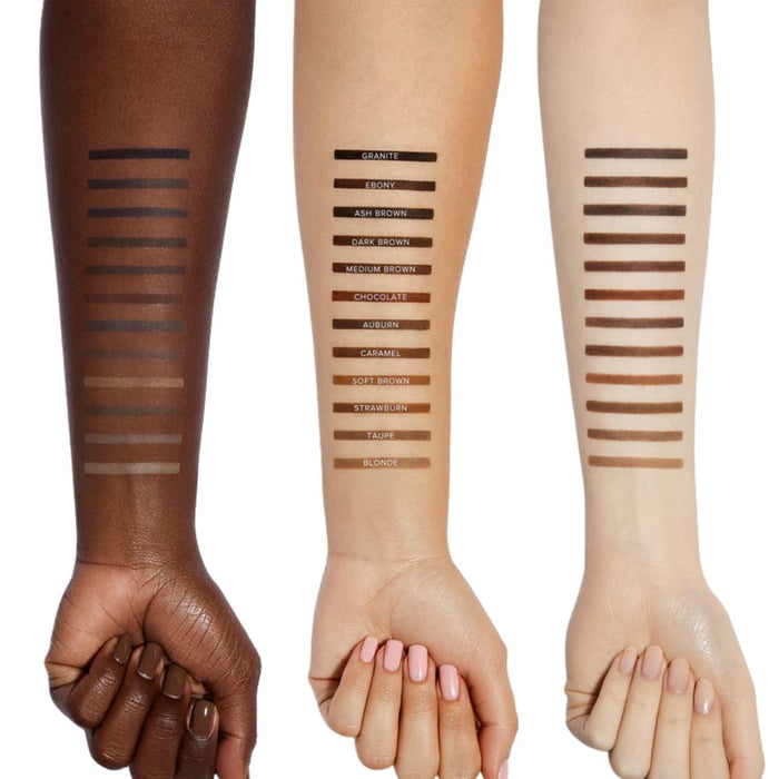 Anastasia Beverly Hills Brow Definer swatches on dark, medium and light skin arms. Names of swatch in white text on the middle arm