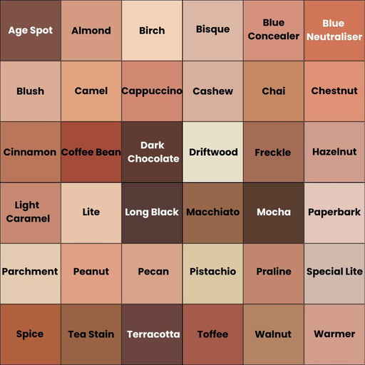 Allied FX Bluebird Flesh Tone Inks color chart -36 swatches- with names