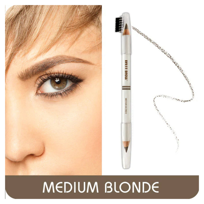 Brett Brow Duo-Shade Brow Pencil Medium Blonde with swatch beside model with brow filled in