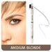 Brett Brow Duo-Shade Brow Pencil Medium Blonde with swatch beside model with brow filled in