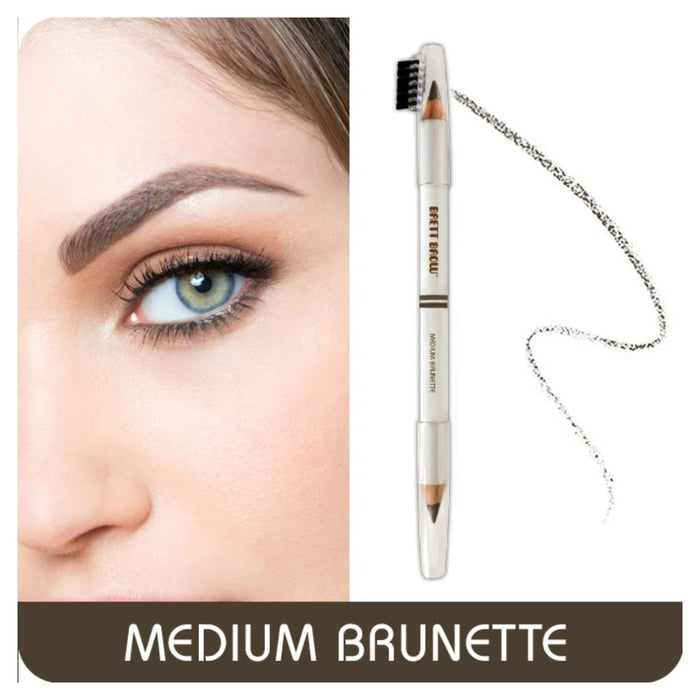 Brett Brow Duo-Shade Brow Pencil Medium Brunette with swatch beside model with brow filled in