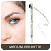 Brett Brow Duo-Shade Brow Pencil Medium Brunette with swatch beside model with brow filled in