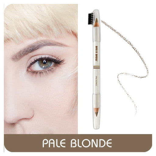 Brett Brow Duo-Shade Brow Pencil Pale Blonde with swatch beside model with brow filled in