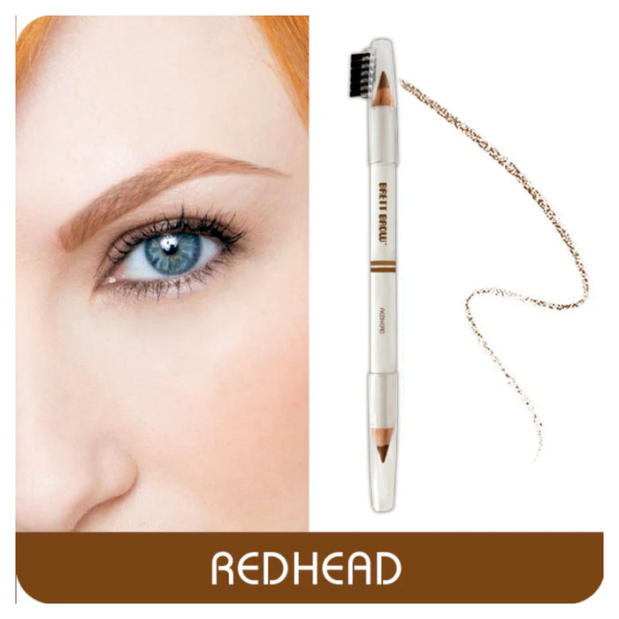 Brett Brow Duo-Shade Brow Pencil Redhead with swatch beside model with brow filled in